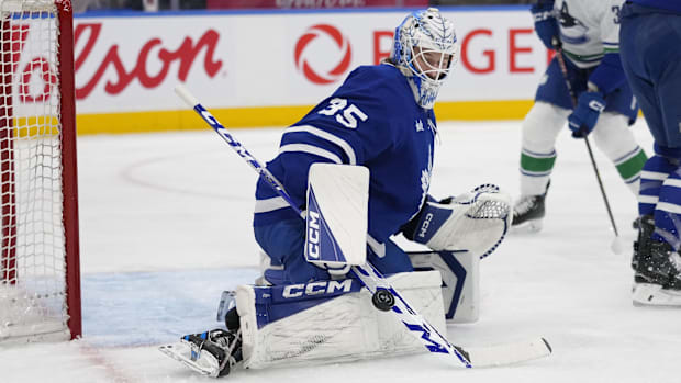 Hockey goalie in blue unifor