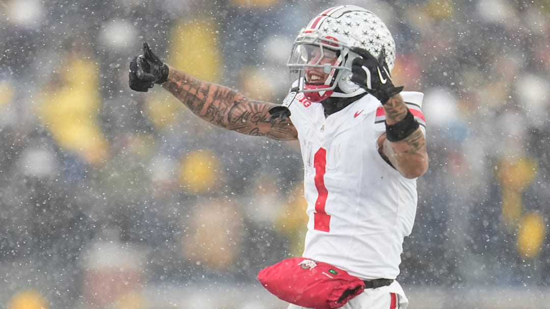 Ohio State Buckeyes wide receiver Brandon Inniss (1) celebrates during the NCAA football game against the Michigan Wolverines at Michigan Stadium in Ann Arbor, Mich. on Nov. 29, 2025. Ohio State won 27-9.