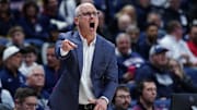 Dec 5, 2025; Storrs, Connecticut, USA; UConn Huskies head coach Dan Hurley watches from the sideline as they take on East Texas A&M at Harry A. Gampel Pavilion. Mandatory Credit: David Butler II-Imagn Images