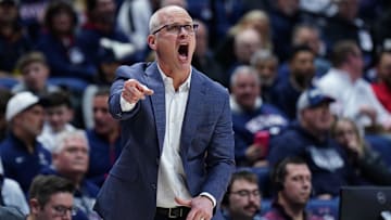 Dec 5, 2025; Storrs, Connecticut, USA; UConn Huskies head coach Dan Hurley watches from the sideline as they take on East Texas A&M at Harry A. Gampel Pavilion. Mandatory Credit: David Butler II-Imagn Images
