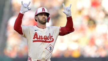 Jul 13, 2024; Anaheim, California, USA;  Taylor Ward #3 of the Los Angeles Angels gestures to the dugout after a double in the first inning against the Seattle Mariners at Angel Stadium. Mandatory Credit: Jayne Kamin-Oncea-USA TODAY Sports