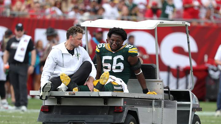 Oct 4, 2026; Tampa, Florida, USA;  Green Bay Packers linebacker Edgerrin Cooper (56) is carted off the field during the game against the Tampa Bay Buccaneers at Raymond James Stadium.  Mandatory Credit: Matt Pendleton-Imagn Images