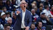 Dec 5, 2025; Storrs, Connecticut, USA; UConn Huskies head coach Dan Hurley watches from the sideline as they take on East Texas A&M at Harry A. Gampel Pavilion. Mandatory Credit: David Butler II-Imagn Images
