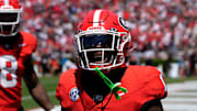 Georgia wide receiver Zachariah Branch (1) celebrates after pulling in a deep pass for a big gain during the Georgia G-Day spring football game in Athens, Ga., on Saturday, April 12, 2025.