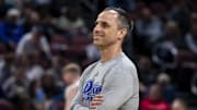 Mar 19, 2025; Wichita, KS, USA;  Drake Bulldogs head coach Ben McCollum watches his team during a practice session at Intrust Bank Arena. Mandatory Credit: Nick Tre. Smith-Imagn Images