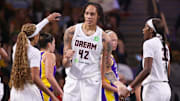 Sep 3, 2025; College Park, Georgia, USA; Atlanta Dream center Brittney Griner (42) reacts with teammates after a play against the Los Angeles Sparks in the first quarter at Gateway Center Arena at College Park. Mandatory Credit: Brett Davis-Imagn Images

