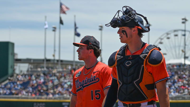 Jacob Ference and Evan Blanco during the Virginia baseball game vs. North Carolina at the 2024 College World Series in Omaha.