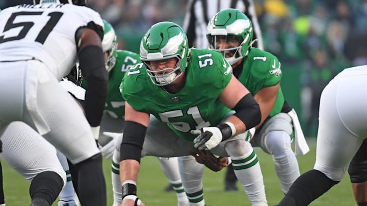 Nov 3, 2024; Philadelphia, Pennsylvania, USA; Philadelphia Eagles center Cam Jurgens (51) prepares to snap the ball to quarterback Jalen Hurts (1) against the Jacksonville Jaguars at Lincoln Financial Field. Mandatory Credit: Eric Hartline-Imagn Images