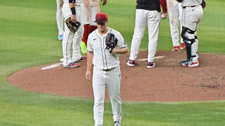 Jul 31, 2024; Phoenix, Arizona, USA; Arizona Diamondbacks pitcher Paul Sewald (38) is pulled from the game in the ninth inning against the Washington Nationals at Chase Field. Mandatory Credit: Matt Kartozian-USA TODAY Sports