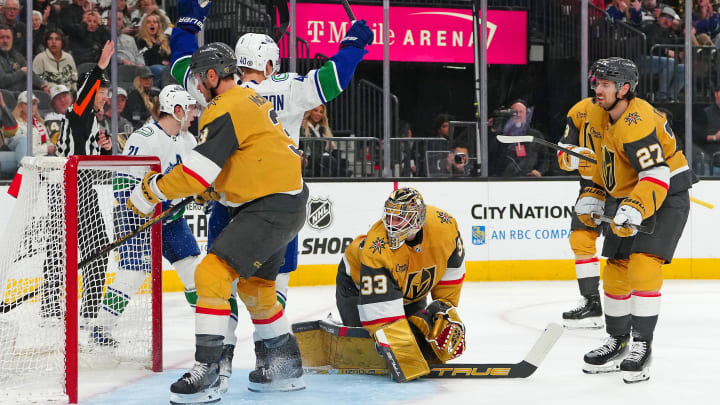 Mar 7, 2024; Las Vegas, Nevada, USA; Vancouver Canucks center Elias Pettersson (40) celebrates a goal against Vegas Golden Knights