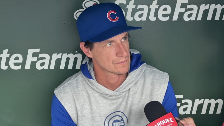 Jul 7, 2024; Chicago, Illinois, USA; Chicago Cubs manager Craig Counsell (30) answers questions before the game against the Los Angeles Angels at Wrigley Field. 