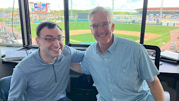 Detroit Tigers broadcasters Jason Benetti (left) and Dan Dickerson (right) before a spring training game between the Tigers and Boston Red Sox on Thursday, February 27, 2025, in Lakeland, Florida.