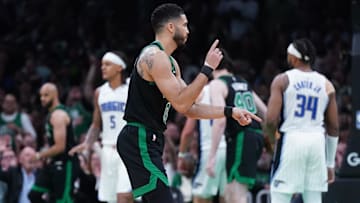 Apr 29, 2025; Boston, Massachusetts, USA; Boston Celtics forward Jayson Tatum (0) reacts after a basket against the Orlando Magic in the second quarter during game five of first round for the 2025 NBA Playoffs at TD Garden. Mandatory Credit: David Butler II-Imagn Images