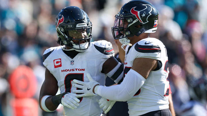 Houston Texans linebacker Azeez Al-Shaair (0) reacts after being ejected against the Jacksonville Jaguars in the second quarter at EverBank Stadium. 