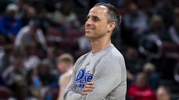 Mar 19, 2025; Wichita, KS, USA;  Drake Bulldogs head coach Ben McCollum watches his team during a practice session at Intrust Bank Arena. Mandatory Credit: Nick Tre. Smith-Imagn Images