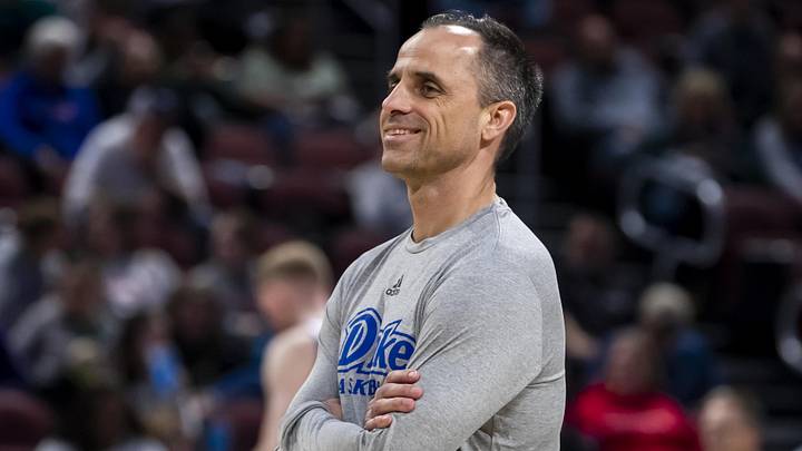 Mar 19, 2025; Wichita, KS, USA;  Drake Bulldogs head coach Ben McCollum watches his team during a practice session at Intrust Bank Arena. Mandatory Credit: Nick Tre. Smith-Imagn Images