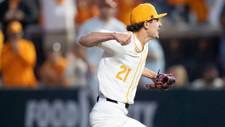 Tennessee's Tegan Kuhns (21) celebrates after getting his last strikeout against Texas in an NCAA college baseball game in Knoxville, Tennessee on May 8, 2026.