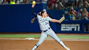 Jun 3, 2022; Oklahoma City, Oklahoma, USA;  Arizona Wildcats pitcher Devyn Netz (34) throws a pitch during the first inning of the NCAA Women's College World Series game against the Oregon State Beavers at USA Softball Hall of Fame Stadium. Arizona won 3-1. Mandatory Credit: Brett Rojo-Imagn Images