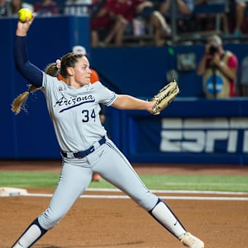 Jun 3, 2022; Oklahoma City, Oklahoma, USA;  Arizona Wildcats pitcher Devyn Netz (34) throws a pitch during the first inning of the NCAA Women's College World Series game against the Oregon State Beavers at USA Softball Hall of Fame Stadium. Arizona won 3-1. Mandatory Credit: Brett Rojo-Imagn Images
