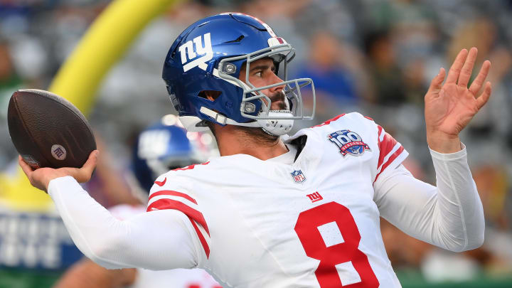 Aug 24, 2024; East Rutherford, New Jersey, USA; New York Giants quarterback Daniel Jones (8) warms up prior to the game against the New York Jets at MetLife Stadium. Mandatory Credit: Rich Barnes-USA TODAY Sports