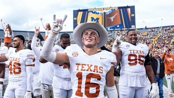 Texas celebrates its 31-12 win over Michigan at Michigan Stadium in Ann Arbor on Saturday, September 7, 2024.