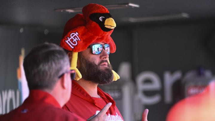 Apr 21, 2024; St. Louis, Missouri, USA; St. Louis Cardinals starting pitcher Lance Lynn (31) is wearing a giveaway hat prior to a game against the Milwaukee Brewers at Busch Stadium. Mandatory Credit: Joe Puetz-USA TODAY Sports