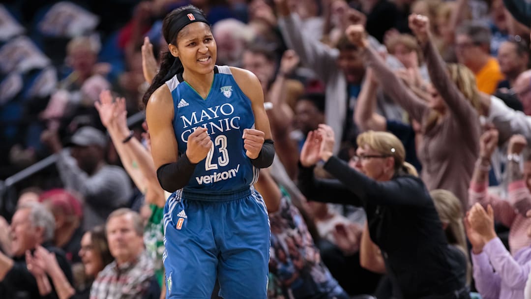 Oct 11, 2016; Minneapolis, MN, USA; Minnesota Lynx forward Maya Moore (23) celebrates her basket in the third quarter against the Los Angeles Sparks in game two of the WNBA Finals at Target Center. The Minnesota Lynx beat the Los Angeles Sparks 79-60. Mandatory Credit: Brad Rempel-Imagn Images