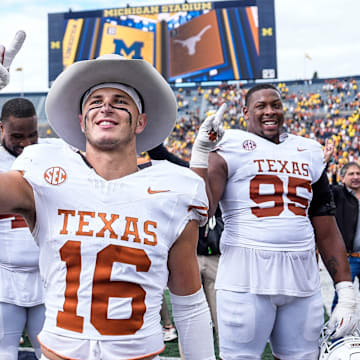 Texas safety Michael Taaffe and fellow Longhorns celebrate 31-12 win over Michigan at Michigan Stadium in Ann Arbor on Saturday, September 7, 2024.