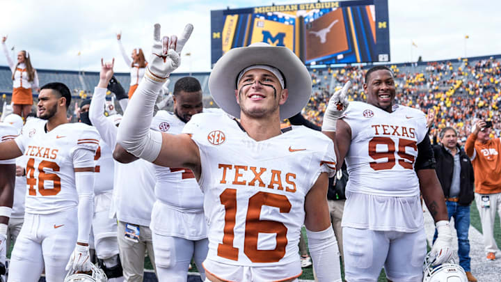 Texas safety Michael Taaffe and fellow Longhorns celebrate 31-12 win over Michigan at Michigan Stadium in Ann Arbor on Saturday, September 7, 2024.