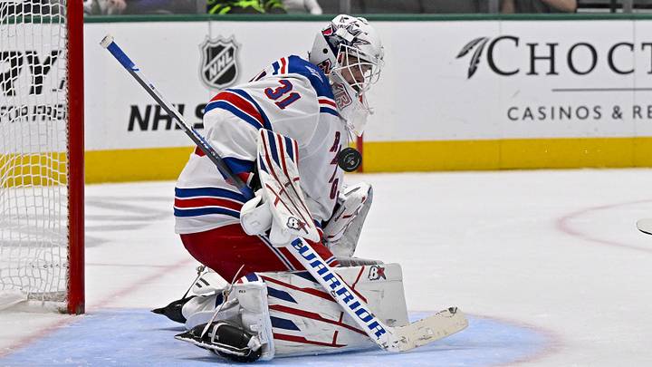Apr 11, 2026; Dallas, Texas, USA; New York Rangers goaltender Igor Shesterkin (31) stops a breakaway shot by Dallas Stars center Matt Duchene (95) during the second period at the American Airlines Center. Apr 11, 2026; Dallas, Texas, USA; New York Rangers goaltender Igor Shesterkin (31) stops a breakaway shot by Dallas Stars center Matt Duchene (95) during the second period at the American Airlines Center.