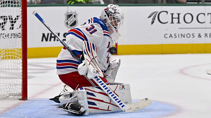 Apr 11, 2026; Dallas, Texas, USA; New York Rangers goaltender Igor Shesterkin (31) stops a breakaway shot by Dallas Stars center Matt Duchene (95) during the second period at the American Airlines Center. 