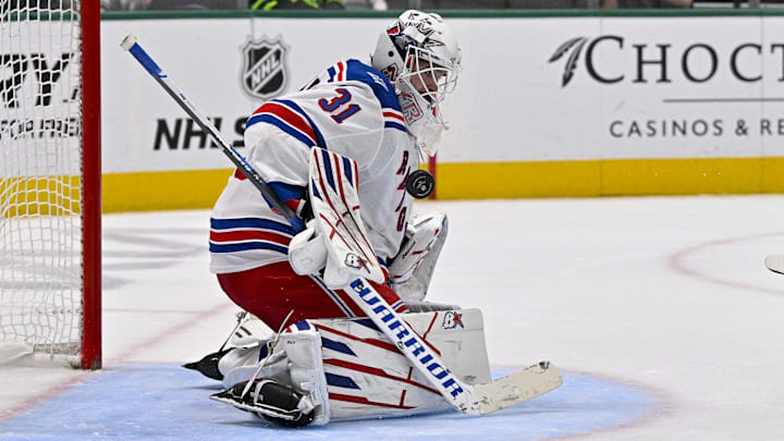 Apr 11, 2026; Dallas, Texas, USA; New York Rangers goaltender Igor Shesterkin (31) stops a breakaway shot by Dallas Stars center Matt Duchene (95) during the second period at the American Airlines Center. 