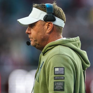 Nov 30, 2024; Tuscaloosa, Alabama, USA; Auburn Tigers head coach Hugh Freeze walks toward the sideline during the second quarter against the Alabama Crimson Tide at Bryant-Denny Stadium. Mandatory Credit: Will McLelland-Imagn Images