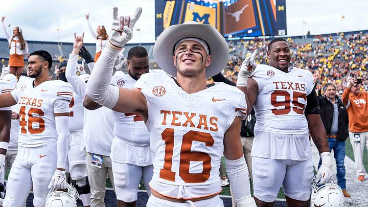 Texas safety Michael Taaffe and fellow Longhorns celebrate 31-12 win over Michigan at Michigan Stadium in Ann Arbor on Saturday, September 7, 2024.