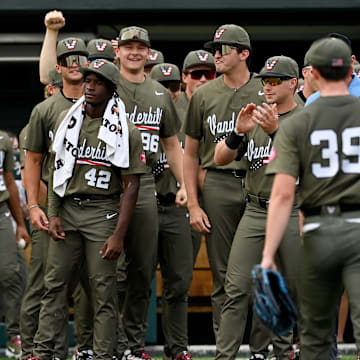 Vanderbilt pitcher Connor Fennell (39) walks off the field after being taken out of the game against Georgia during the sixth inning of an NCAA college baseball game at Hawkins Field Saturday, April 19, 2025, in Nashville, Tenn.