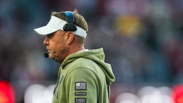 Nov 30, 2024; Tuscaloosa, Alabama, USA; Auburn Tigers head coach Hugh Freeze walks toward the sideline during the second quarter against the Alabama Crimson Tide at Bryant-Denny Stadium. Mandatory Credit: Will McLelland-Imagn Images