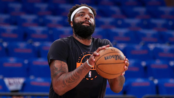 Apr 18, 2026; New York, New York, USA; New York Knicks center Mitchell Robinson (23) warms up before the 2026 NBA Playoffs game against the Atlanta Hawks at Madison Square Garden. Mandatory Credit: Vincent Carchietta-Imagn Images