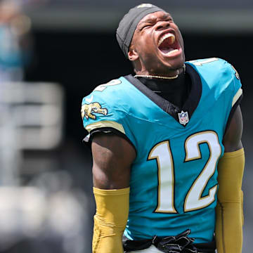 Sep 21, 2025; Jacksonville, Florida, USA; Jacksonville Jaguars wide receiver Travis Hunter (12) enters the field before the game against the Houston Texans at EverBank Stadium. Mandatory Credit: Morgan Tencza-Imagn Images