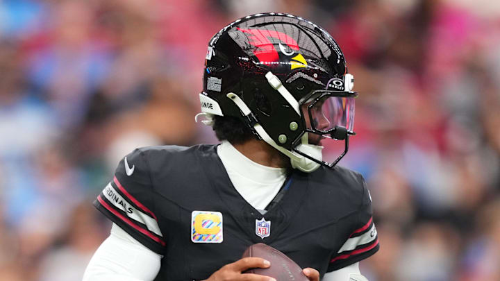 Oct 5, 2025; Glendale, Arizona, USA; Arizona Cardinals quarterback Kyler Murray (1) looks to throw against the Tennessee Titans during the second quarter at State Farm Stadium. Mandatory Credit: Joe Camporeale-Imagn Images
