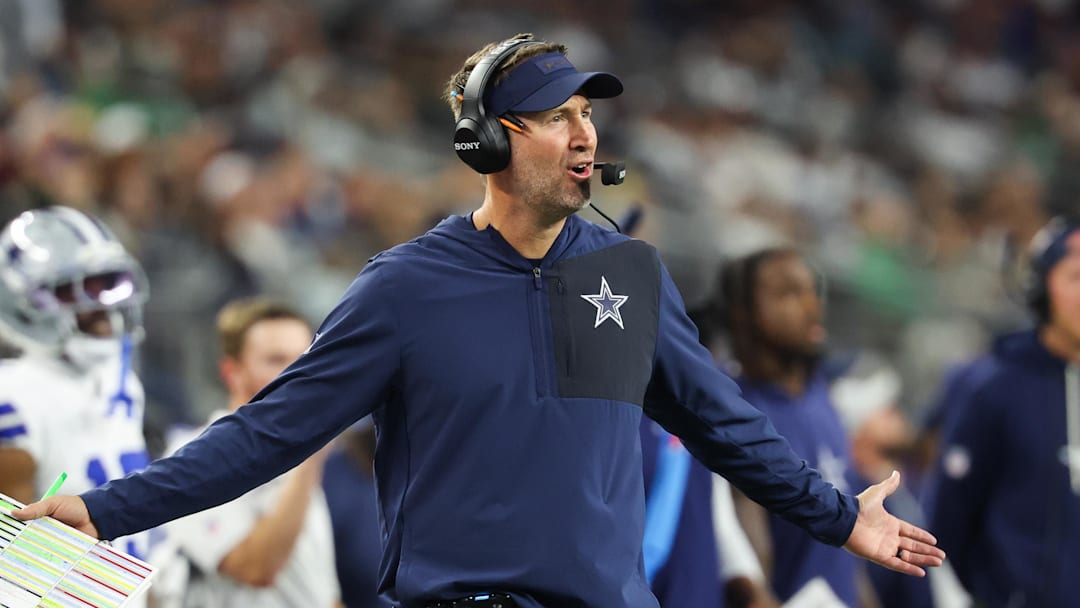 Dallas Cowboys head coach Brian Schottenheimer reacts during the third quarter against the Philadelphia Eagles at AT&T Stadium.
