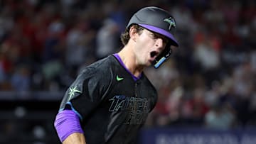 Tampa Bay Rays shortstop Carson Williams celebrates after he hit a two-run home run against the St. Louis Cardinals.
