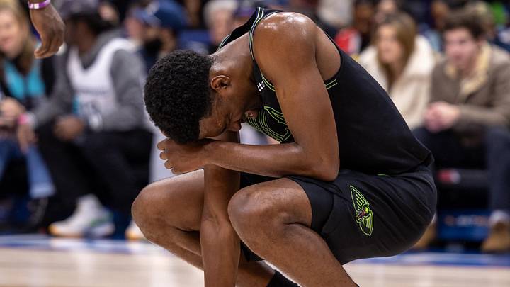 Dec 26, 2023; New Orleans, Louisiana, USA; New Orleans Pelicans forward Herbert Jones (5) reacts to a play against the Memphis Grizzlies during the second half at the Smoothie King Center. Mandatory Credit: Stephen Lew-Imagn Images
