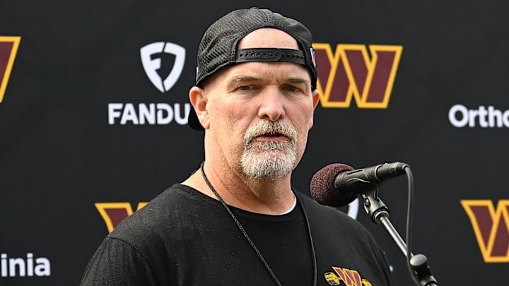 Aug 6, 2025; Foxborough, MA, USA; Washington Commanders head coach Dan Quinn holds a press conference before training camp at Gillette Stadium. Mandatory Credit: Eric Canha-Imagn Images