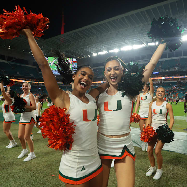 Miami Hurricanes cheerleaders celebrate after the game against the Bethune-Cookman Wildcats at Hard Rock Stadium. 