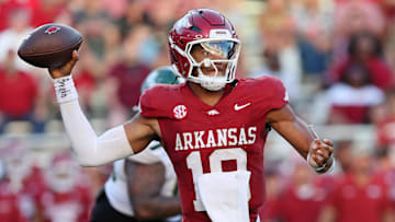 Sep 14, 2024; Fayetteville, Arkansas, USA; Arkansas Razorbacks quarterback Taylen Green (10) passes in the second half against the UAB Blazers at Donald W. Reynolds Razorback Stadium. Arkansas won 37-27. Mandatory Credit: Nelson Chenault-Imagn Images