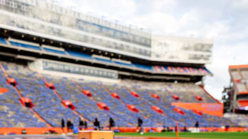 A pylon with a Gators and SEC logo sits on the field which is painted black for the game between the Florida Gators and the Arkansas Razorbacks at Steve Spurrier Field at Ben Hill Griffin Stadium in Gainesville, FL on Saturday, November 4, 2023. [Matt Pendleton/Gainesville Sun]