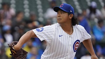 Sep 22, 2024; Chicago, Illinois, USA; Chicago Cubs pitcher Shota Imanaga (18) throws the ball against the Washington Nationals during the first inning at Wrigley Field. 
