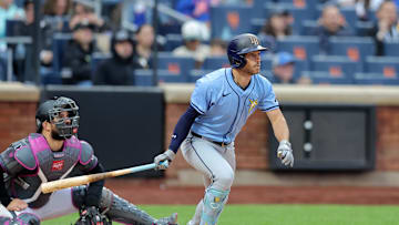 Tampa Bay Rays second baseman Brandon Lowe (8) follows through on an RBI single against the New York Mets during the fourth inning at Citi Field on June 14.