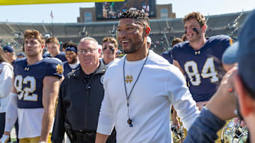 Apr 12, 2025; Notre Dame, IN, USA; Notre Dame Fighting Irish head coach Marcus Freeman smiles as he walks off the field after the Blue-Gold game at Notre Dame Stadium. Mandatory Credit: Michael Caterina-Imagn Images