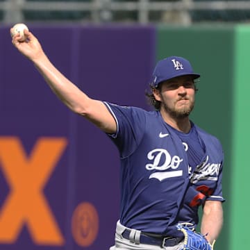 Los Angeles Dodgers pitcher Trevor Bauer (27) throws in the outfield before the game against the Pittsburgh Pirates at PNC Park in 2021.